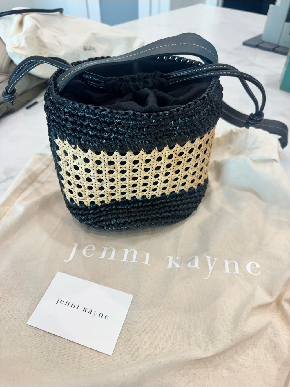 Jenni Kayne Black and Natural Woven Crossbody Bucket Bag